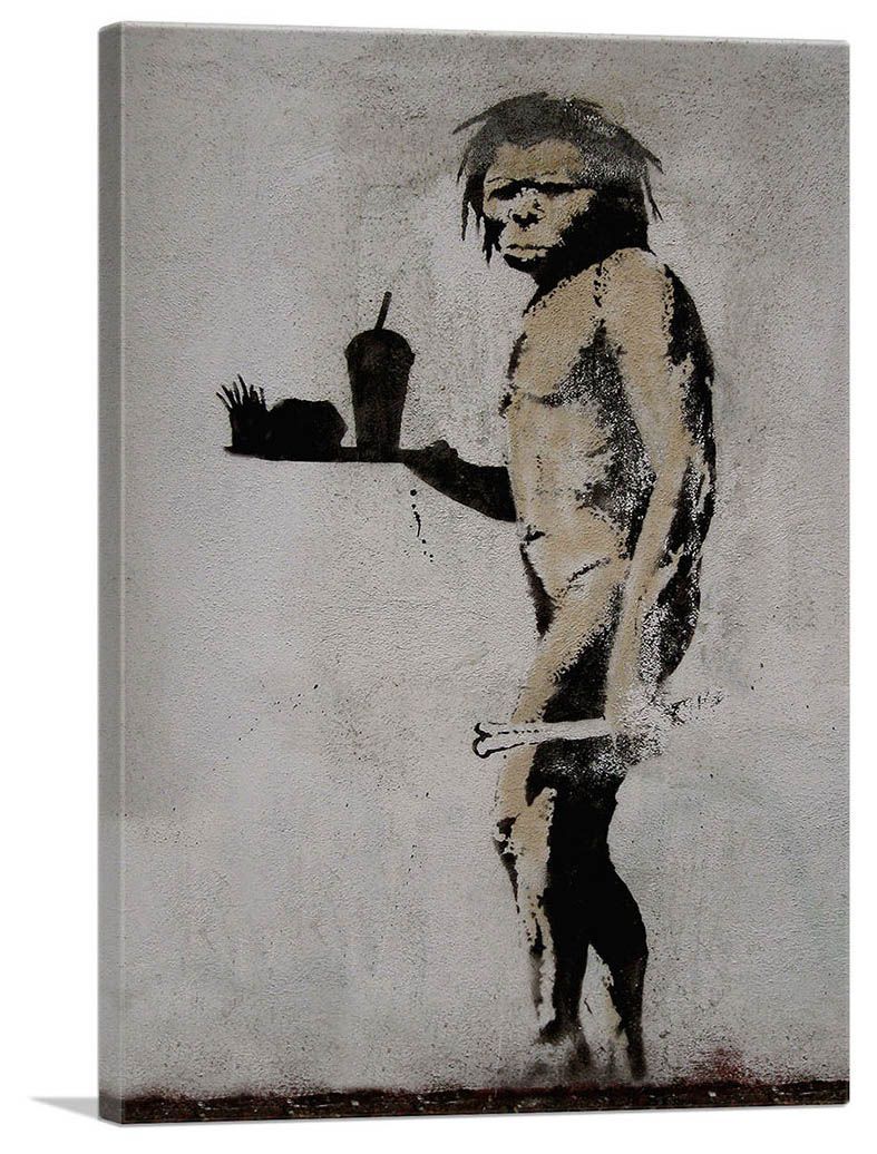 バンクシー アートパネル Mサイズ BANKSY Banksy「ファーストフード エイプマン/Fastfood Apeman」キャンバスジークレ 発送目安15～20営業日