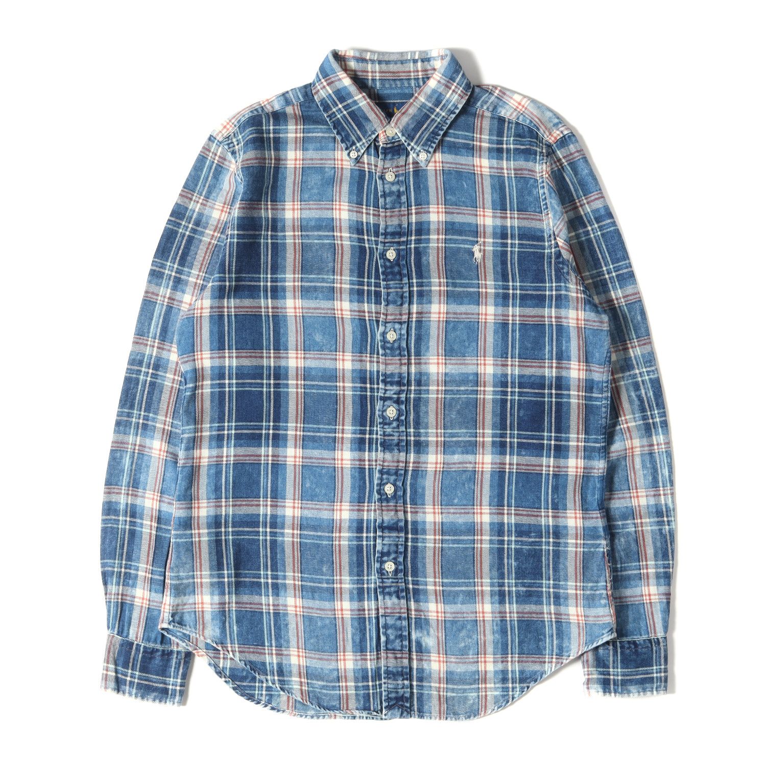 美品 RALPH LAUREN ラルフローレン シャツ サイズ:M ブリーチ加工 インディゴ チェック 柄 ボタンダウンシャツ CLASSIC FIT インディゴ ホワイト トップス カットソー カジュアルシャツ チェックシ