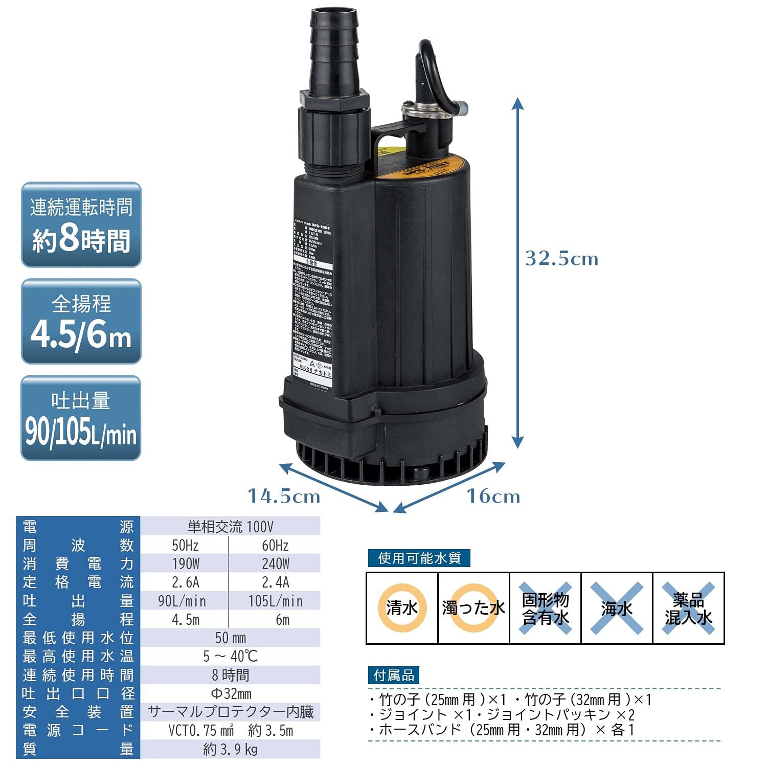 迅速発送 ナカトミ 水中ポンプ 汚水用 50|60Hz兼用 口径32mm 汚水ポンプ コンパクト 排水 吸水 SPS-100T