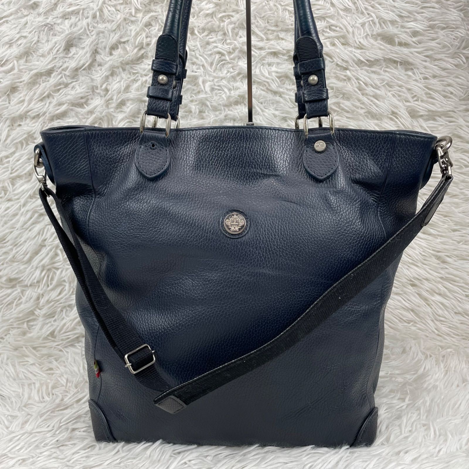 オロビアンコ×ships別注 レザー トートバッグ シボ革 ネイビー 肩掛け A 4収納 2 way ショルダーバッグ コラボ オールレザー