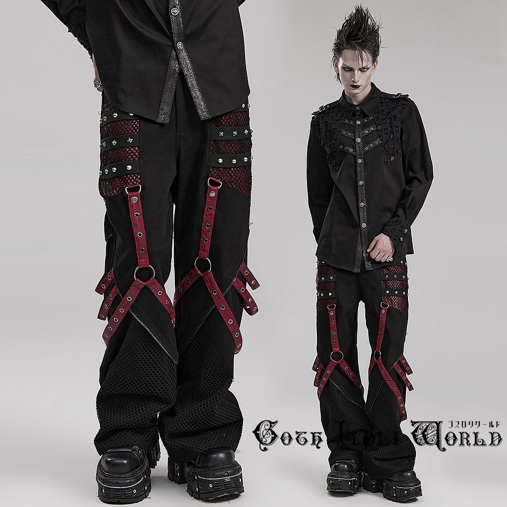 SALE WK-548-L 即納【ゴスロリワールド】チェーン ボンテージ パンツ WK-602XCM-BK-RD ジップラインストレートボンテージ パンツ