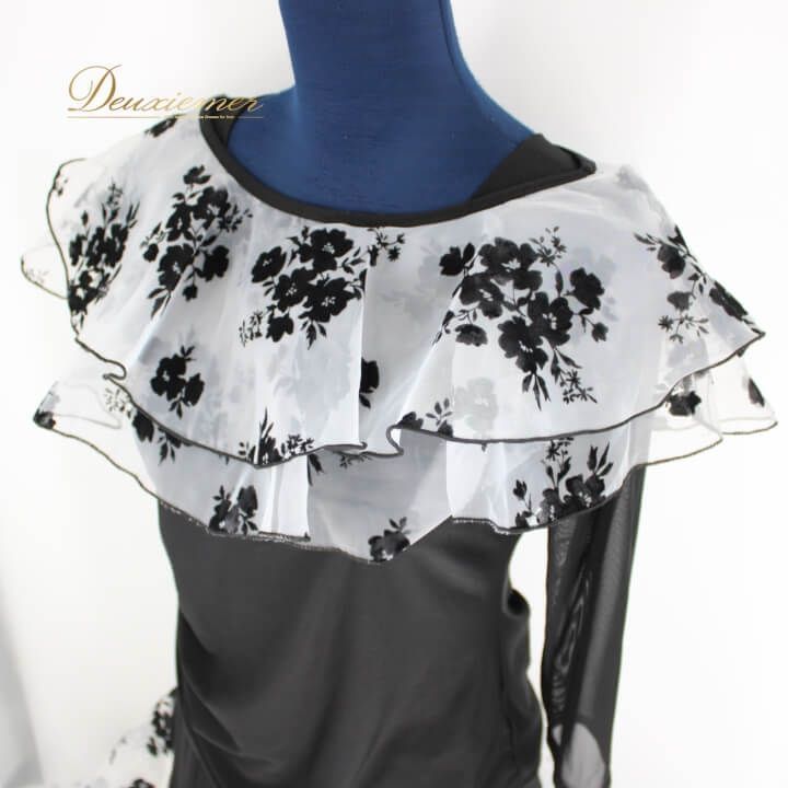 社交ダンス 衣装 スタンダード セットアップ ツーピース レッスンウェア レディース オールシーズン Leirena レイリーナ 黒 白 花柄 ブラック系 ホワイト系 シック 薄手 伸縮性 上下 セット 花模様 ダンス レディースウェア おしゃれ 大人 女性用