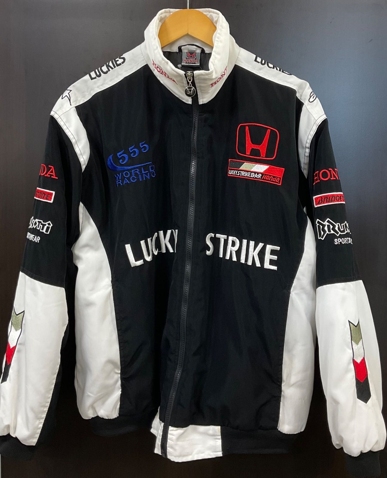 HONDA ホンダ レーシングジャケット ラッキーストライク 刺繍 メンズL ブラック×ホワイト 古着 10464