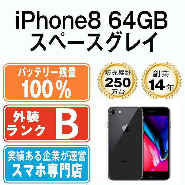 バッテリー100% 【中古】 iPhone8 64GB スペースグレイ SIMフリー 本体 