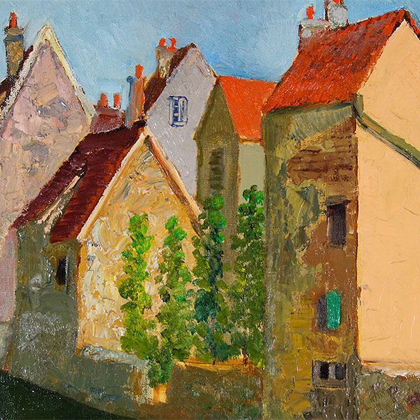 油彩画 佐藤真一 「川沿いの家 CHARTRES FRANCE」 F6号 額付き