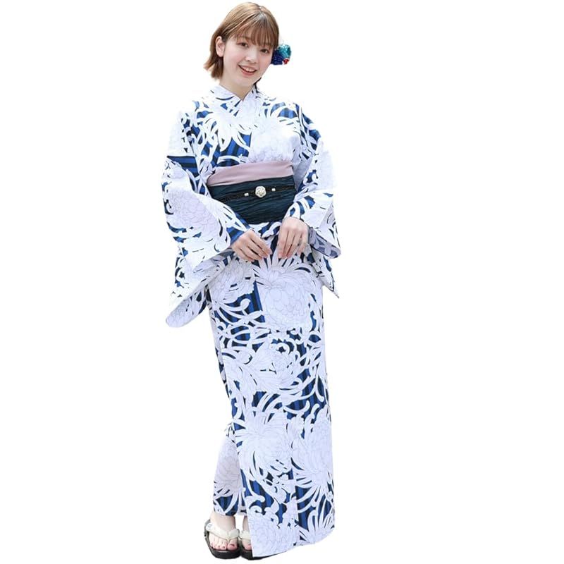 選べる16柄 浴衣ヘコ帯セット ときめき夏恋浴衣ヘコ帯2点セット 8.青と紺の縦縞に大きな乱菊