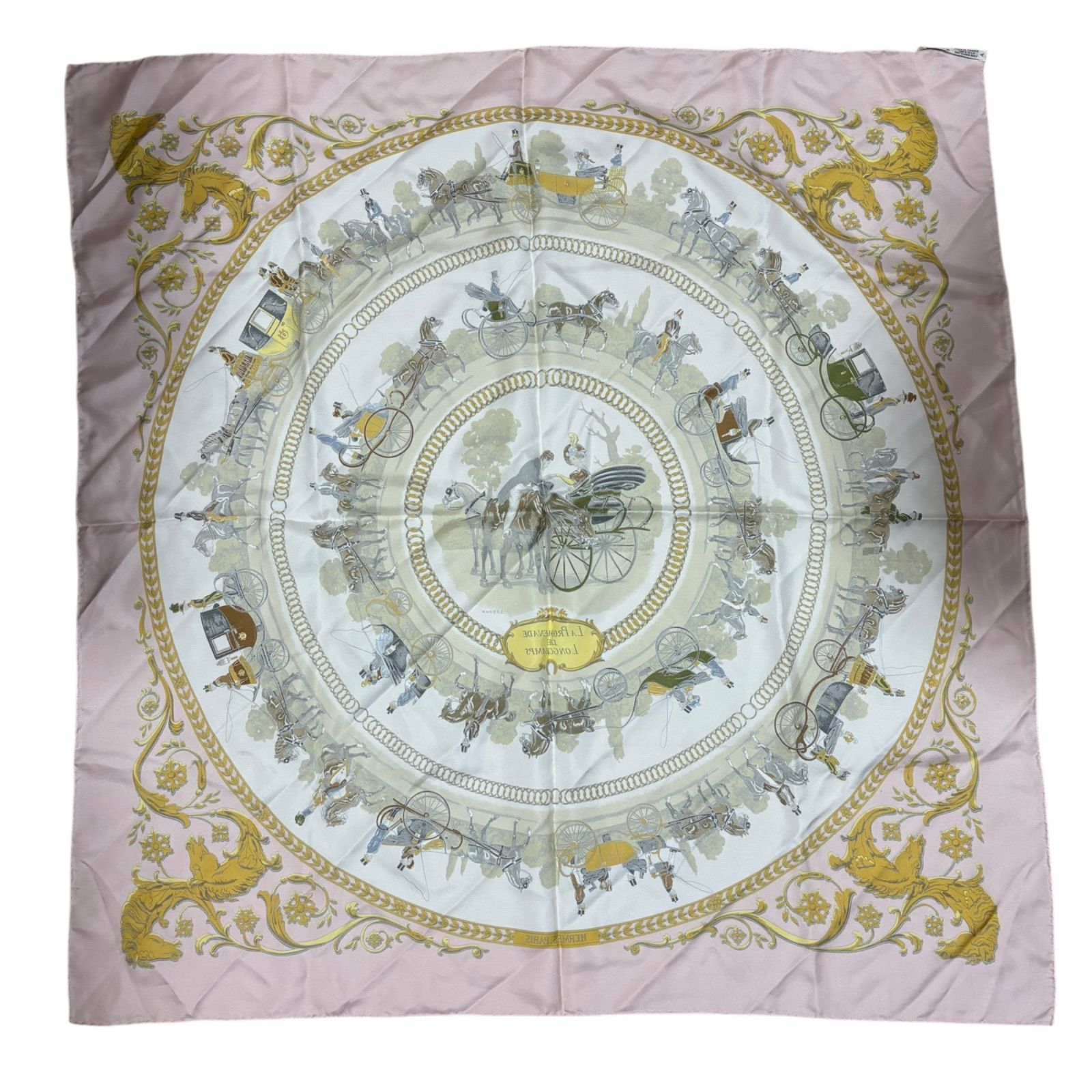 HERMES エルメス スカーフ ロンシャンへの散歩 シルク カレ90 ピンク HERMES エルメス スカーフ ロンシャンへの散歩 シルク カレ90 ピンク