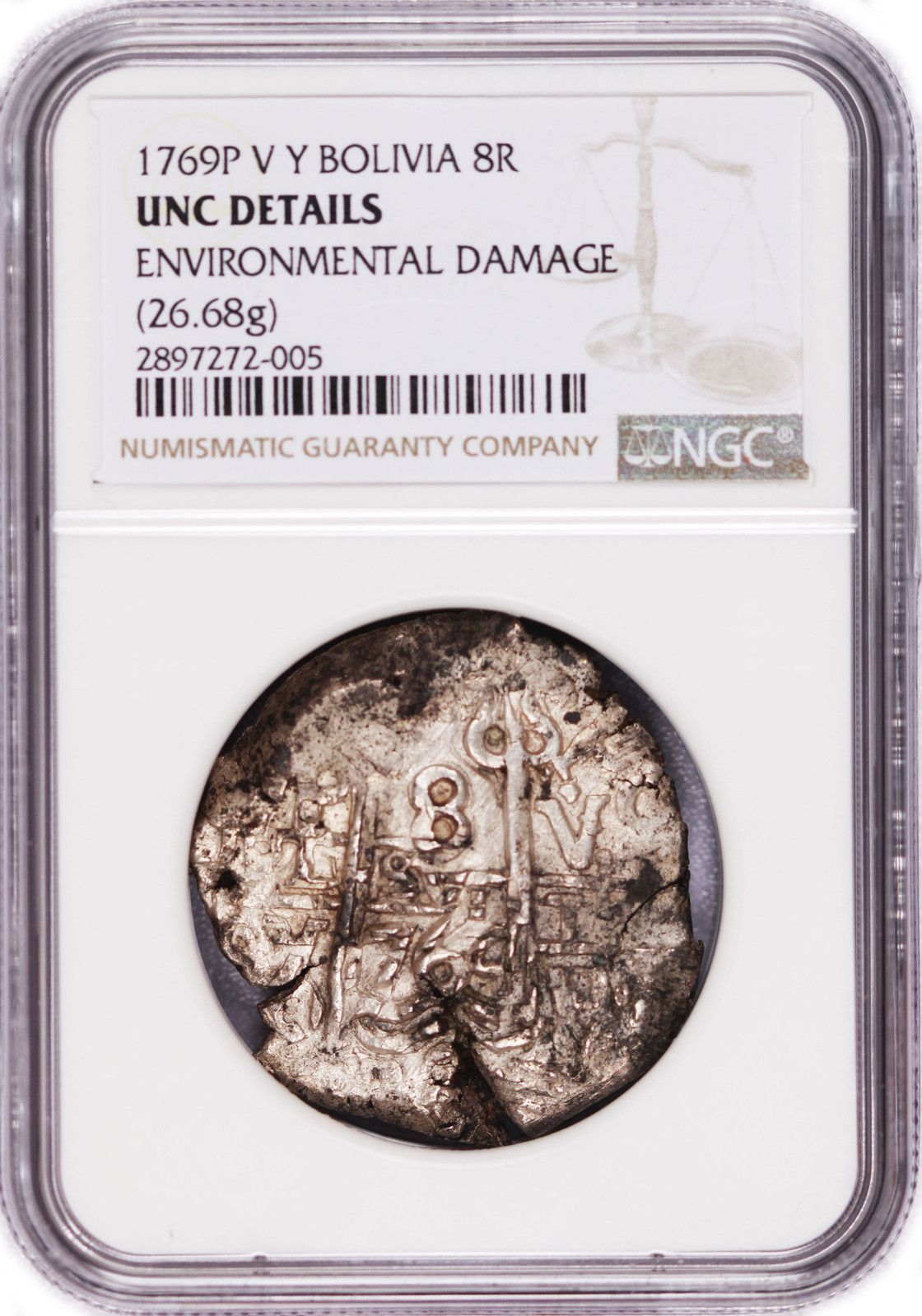1769 P V Y Boli Charles III 8 Reales Silver Cob NGC UNC Details Coin