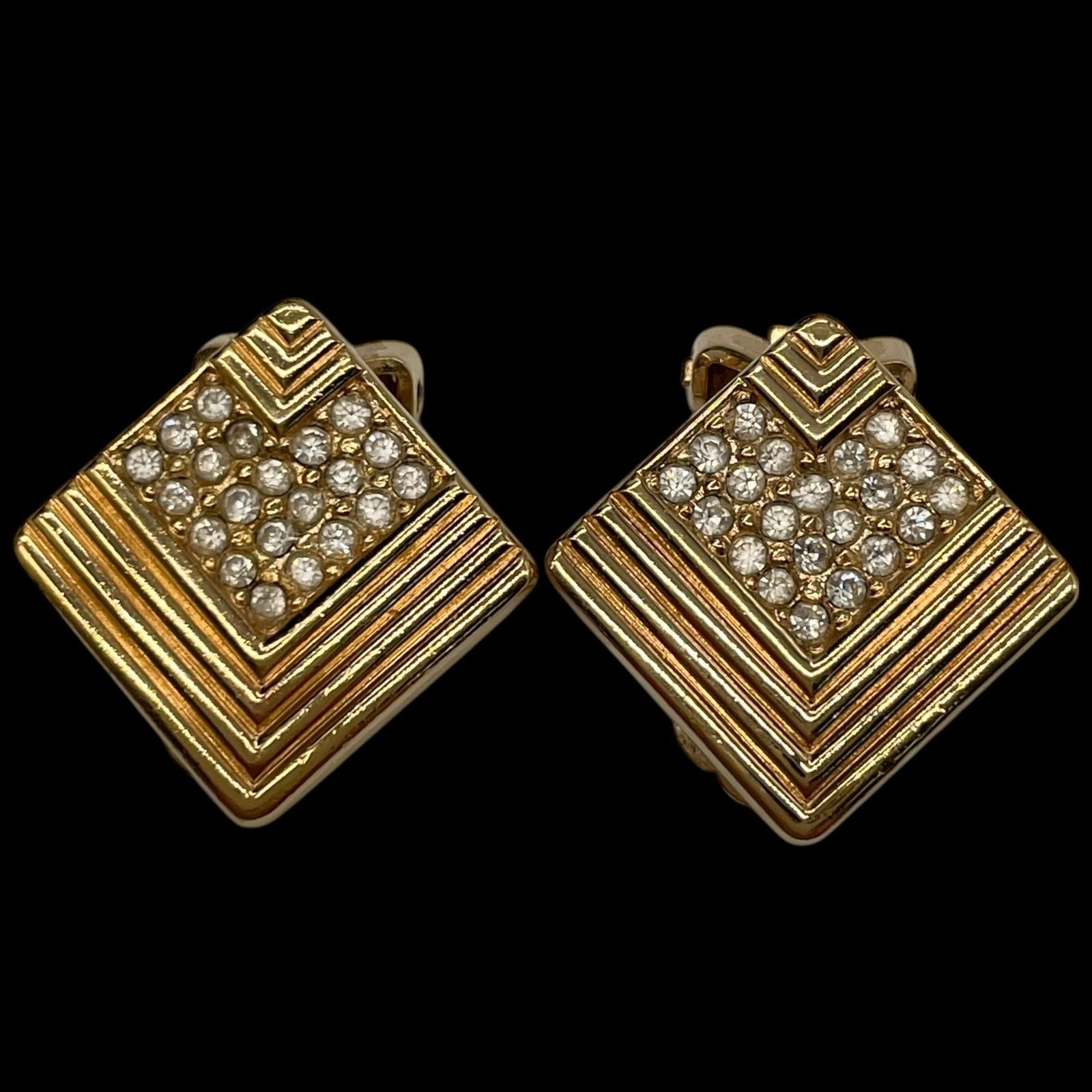 Christian Dior クリスチャン ディオール Chr.Dior ゴールド イヤリング スクエア ラインストーン アクセサリー ジュエリー 耳飾り 小物 ヴィンテージ
