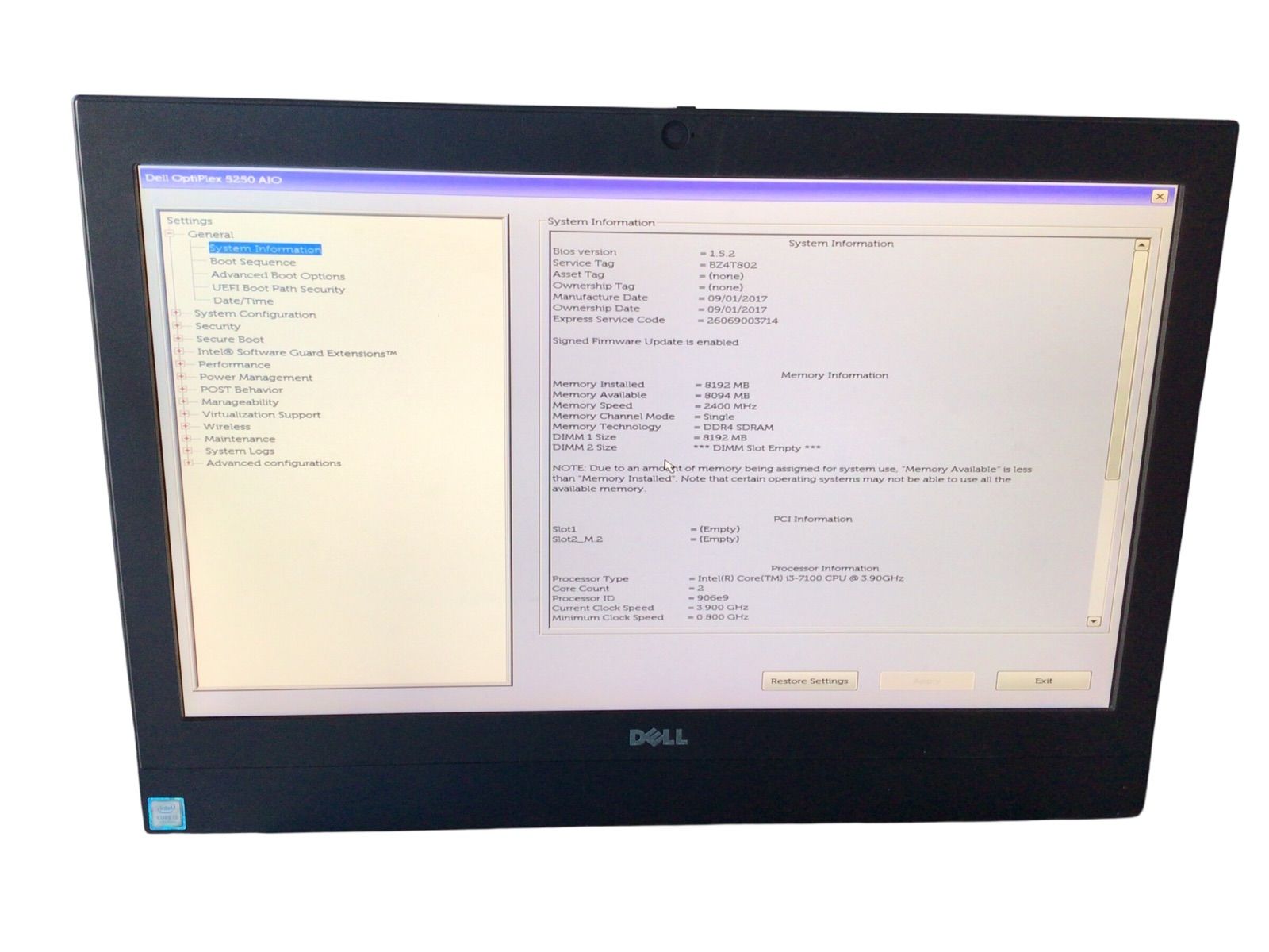 DELL OptiPlex 5250 AIO| CPU CORE i3-7100U| メモリ8192MB|ストレージ無し番号E06