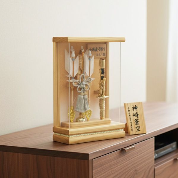 宝童作 壁掛け破魔弓 健 アクリルケース 無垢造り