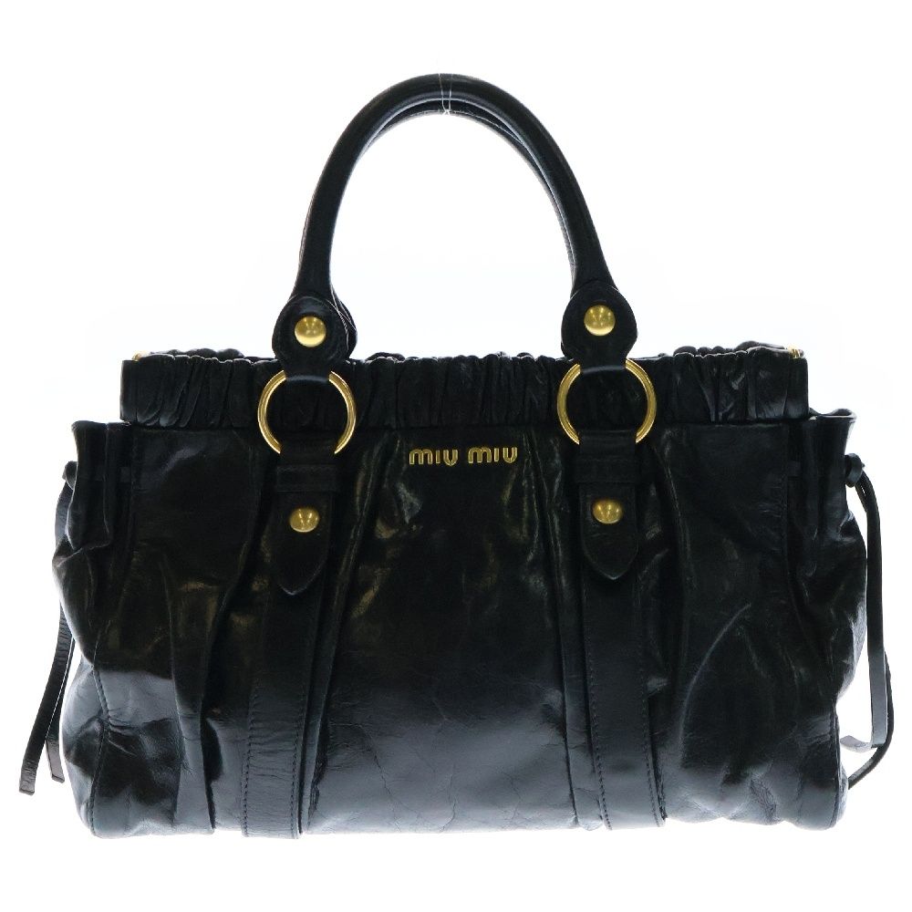 miumiu ミュウミュウ ギャザー 2way ショルダーバッグ ブラック レザー ハンドバッグ ゴールド金具