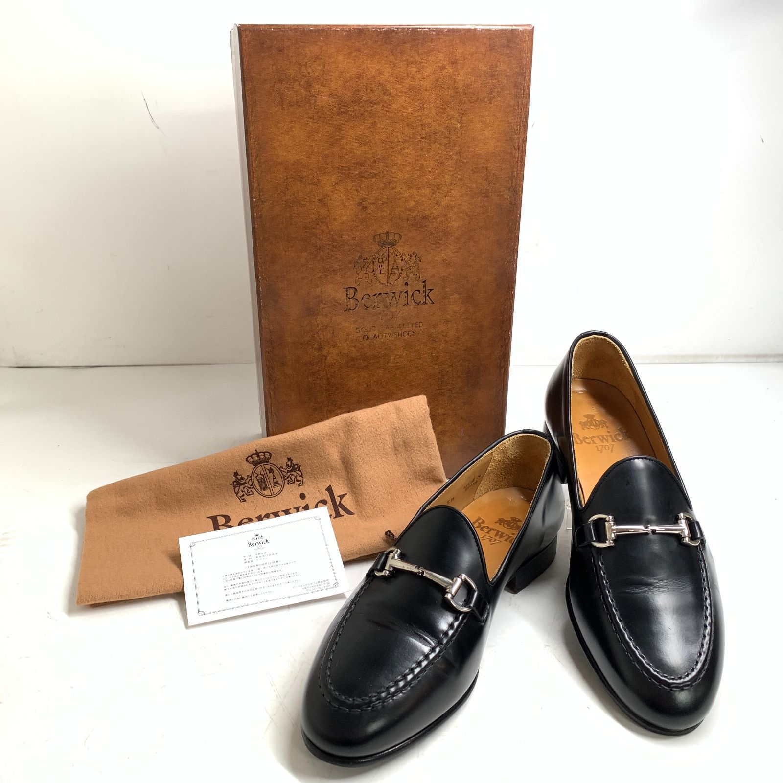 f001 H Berwick 1707 バーウィック レザー スリッポン ローファー 革靴 シューズ 黒 シルバー 金具 24.5size EU39 スペイン製