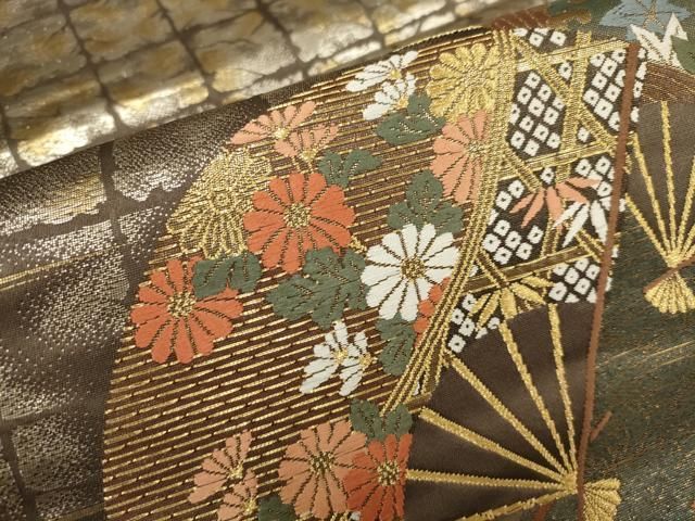 平和屋着物▽六通柄袋帯 扇面花鳥文 金糸 正絹 逸品 AAAZ4033wj