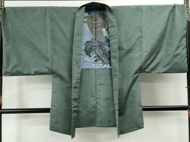 平和屋着物●男性　紬　アンサンブル　色無地　老竹色　キングサイズ　正絹　逸品　CAAS6899yc 平和屋着物○男性 紬 アンサンブル 色無地 老竹色 キングサイズ 正絹