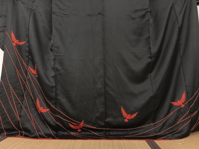 平和屋着物○染色作家 斉藤三才 振袖 絞り 三才鳥 黒地 ロング丈 正絹  