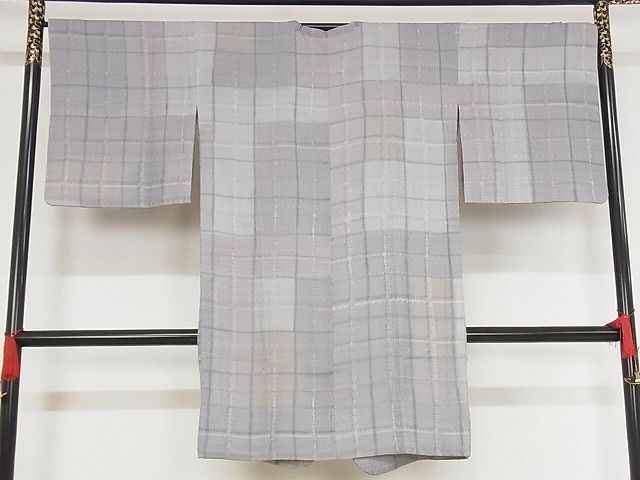 平和屋本店 上 染色作家 斉藤三才 道行コート 単衣 格子 ロング丈 反端付き 正絹 KAAA1422kk4