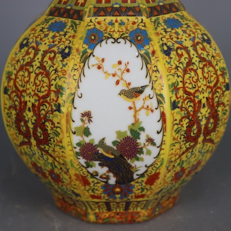 清乾隆蒔金琺瑯彩花鳥八方玉壺春瓶 景徳鎮 陶磁器 装飾品 現代