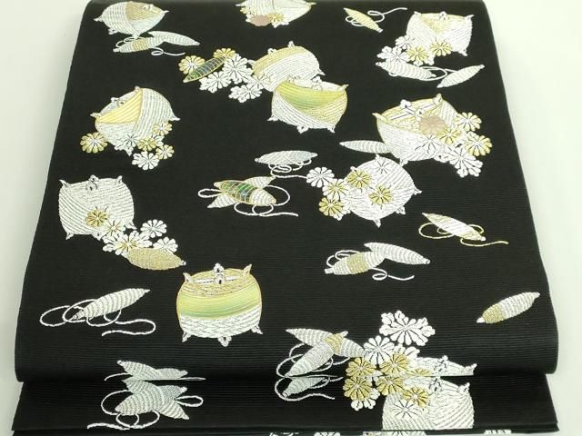 平和屋着物■極上　六通柄袋帯　唐織　螺鈿　糸車花文　黒地　金彩　逸品　DZAA9311kh5 平和屋着物□極上 六通柄袋帯 唐織 螺鈿 糸車花文 黒地 金彩 逸品