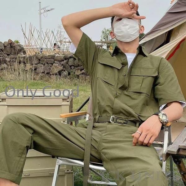 つなぎ半袖ストレッチカーゴツナギ夏無地オーバーオールメンズオールインワンおしゃれ欧米風