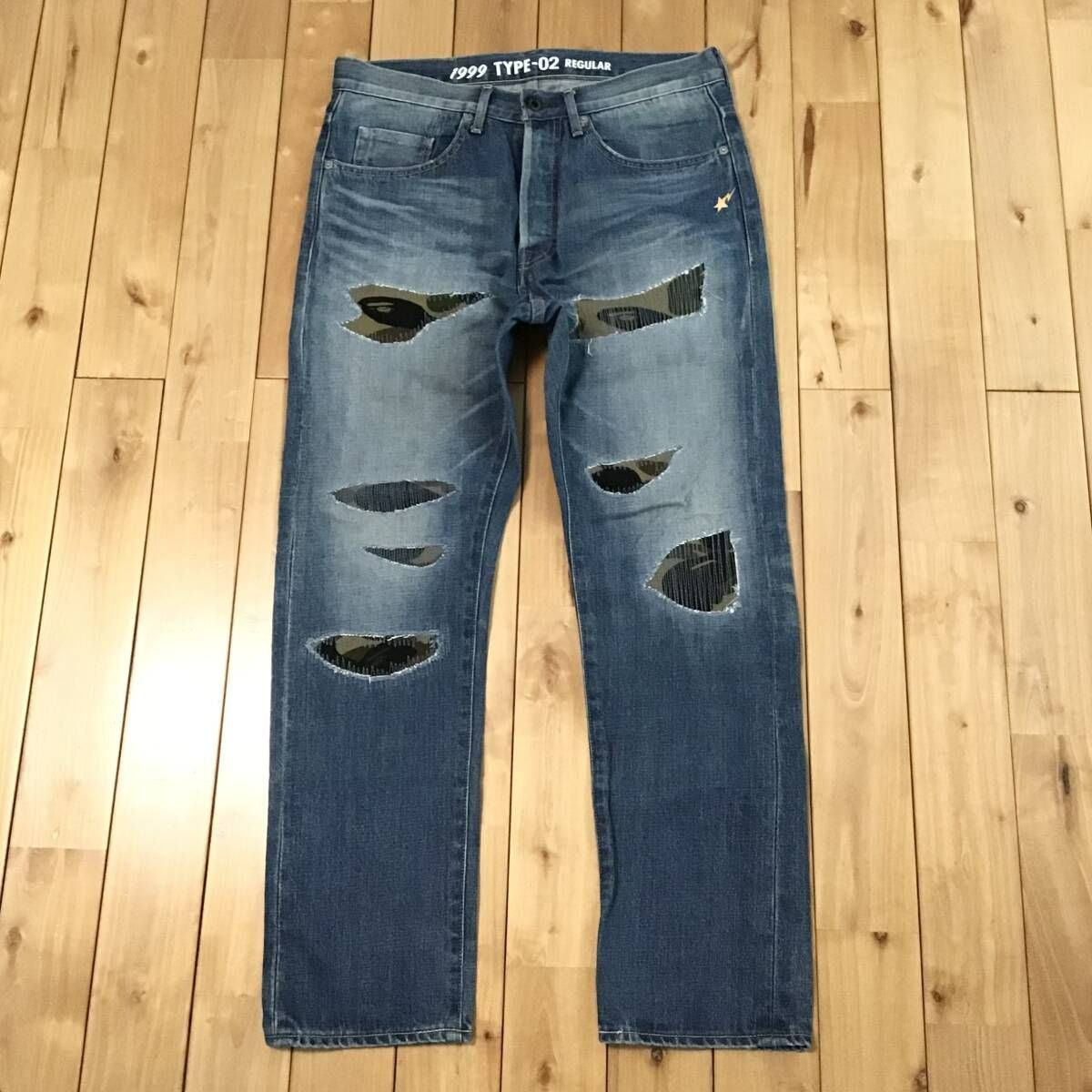 BAPE camo DAMAGE DENIM PANTS Mサイズ a bathing ape ダメージ デニム 