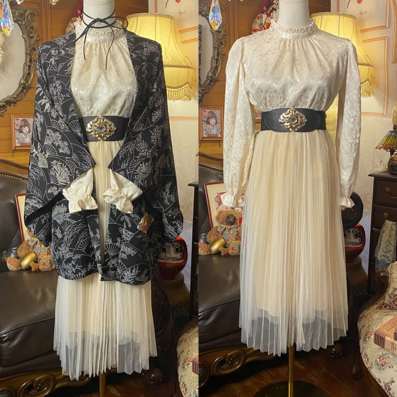 黒×銀の草花扇面