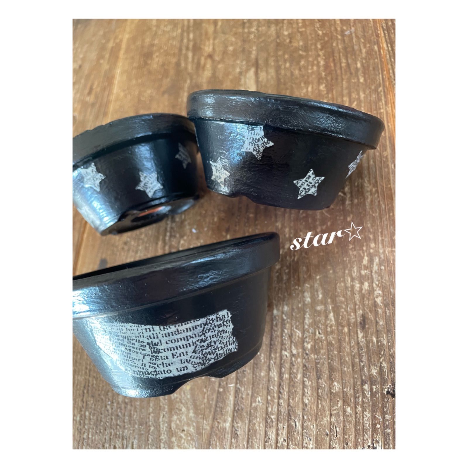 リメイク鉢 リメ鉢 浅型素焼き鉢 3号 3.5号 黒 スター 英字 3個セット