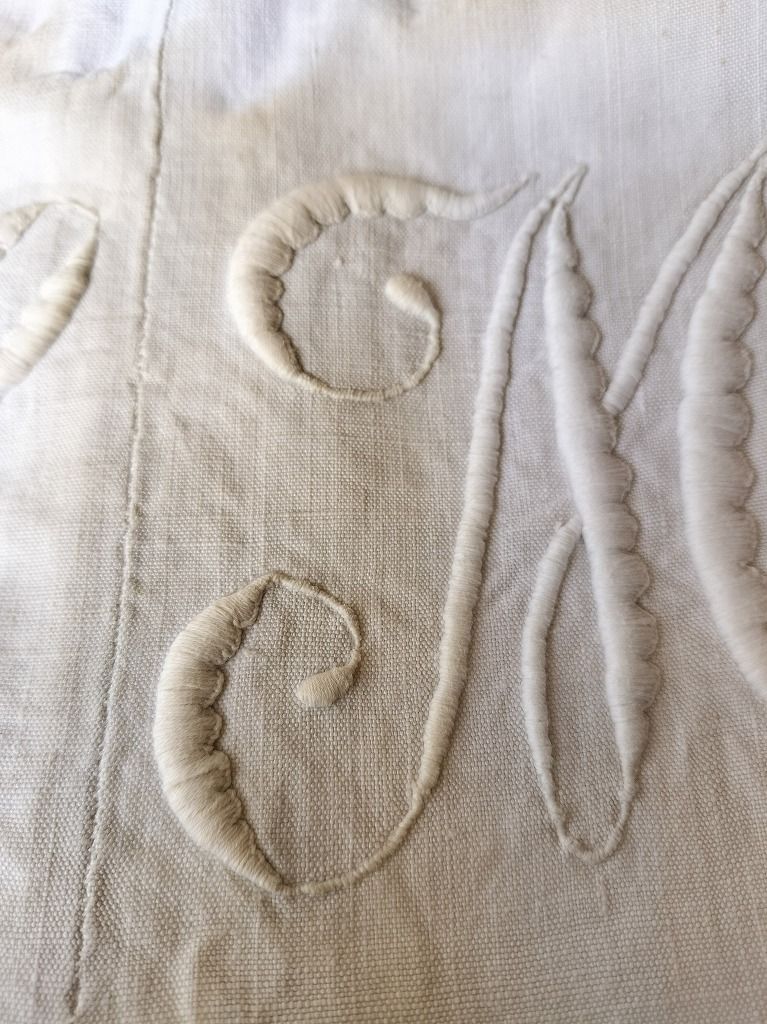 フランス アンティーク 最高 リネン 無地 シーツ 白い 刺繍 203 x290cm