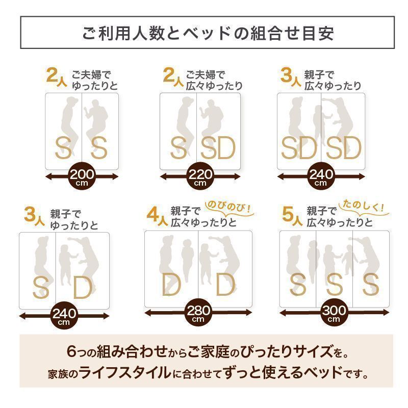 棚コンセント付き 引き出し収納 天然木調連結ファミリーベッド