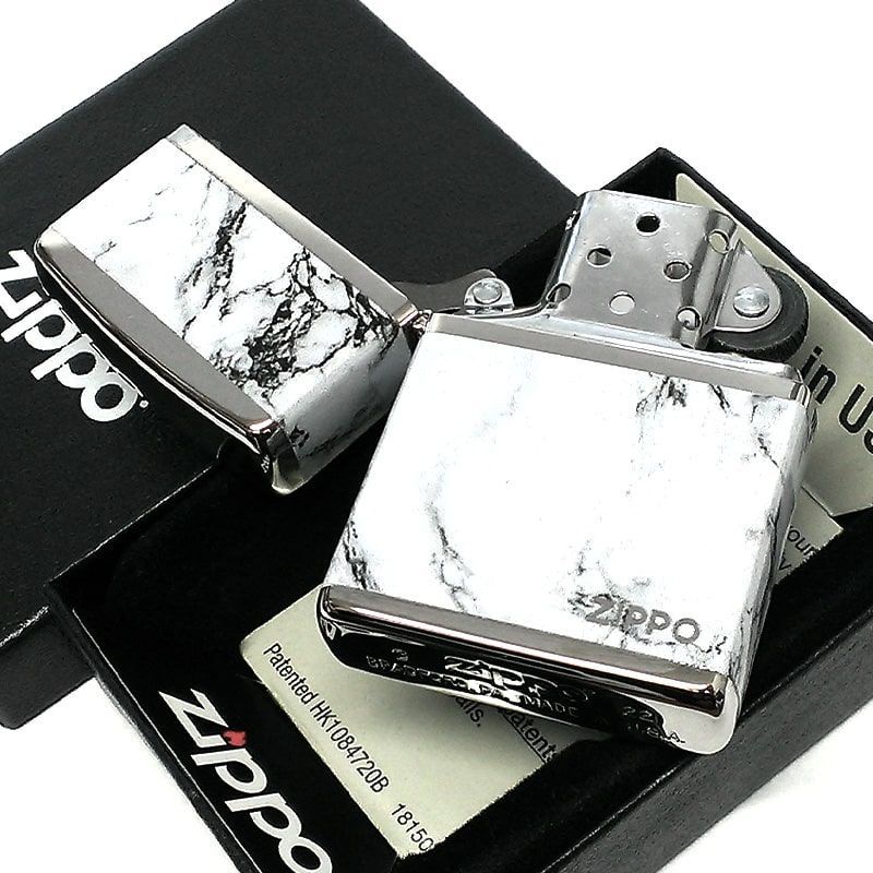 ジッポ ライター ZIPPO ロゴ シルバー ホワイト 4面加工 大理石 Marble 