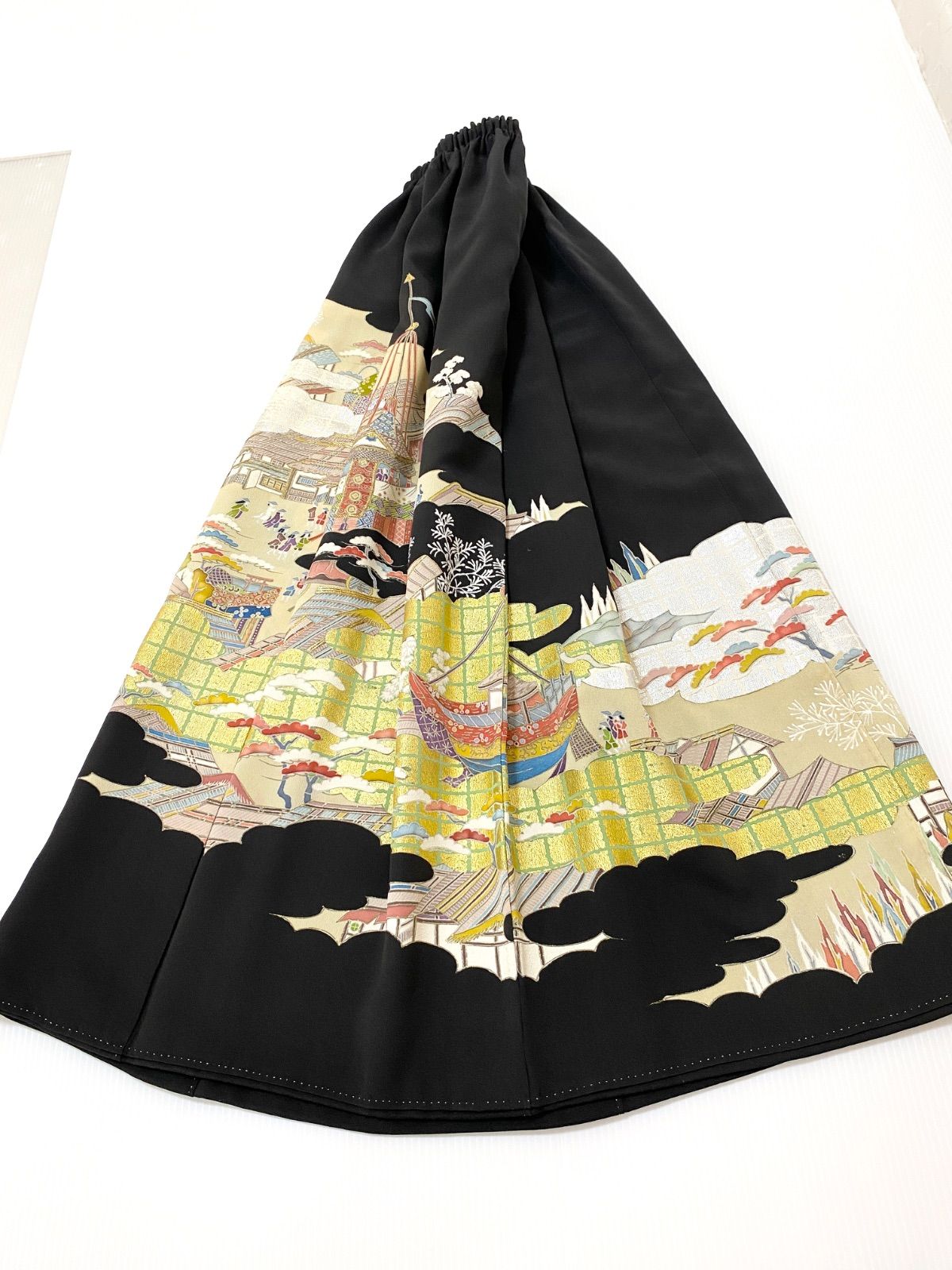 大人可愛いセレブ着物スカートフリーサイズ1点物黒留袖着物リメイクウエストゴムロングスカートフリーサイズ送料込みハンドメイドNO.5771