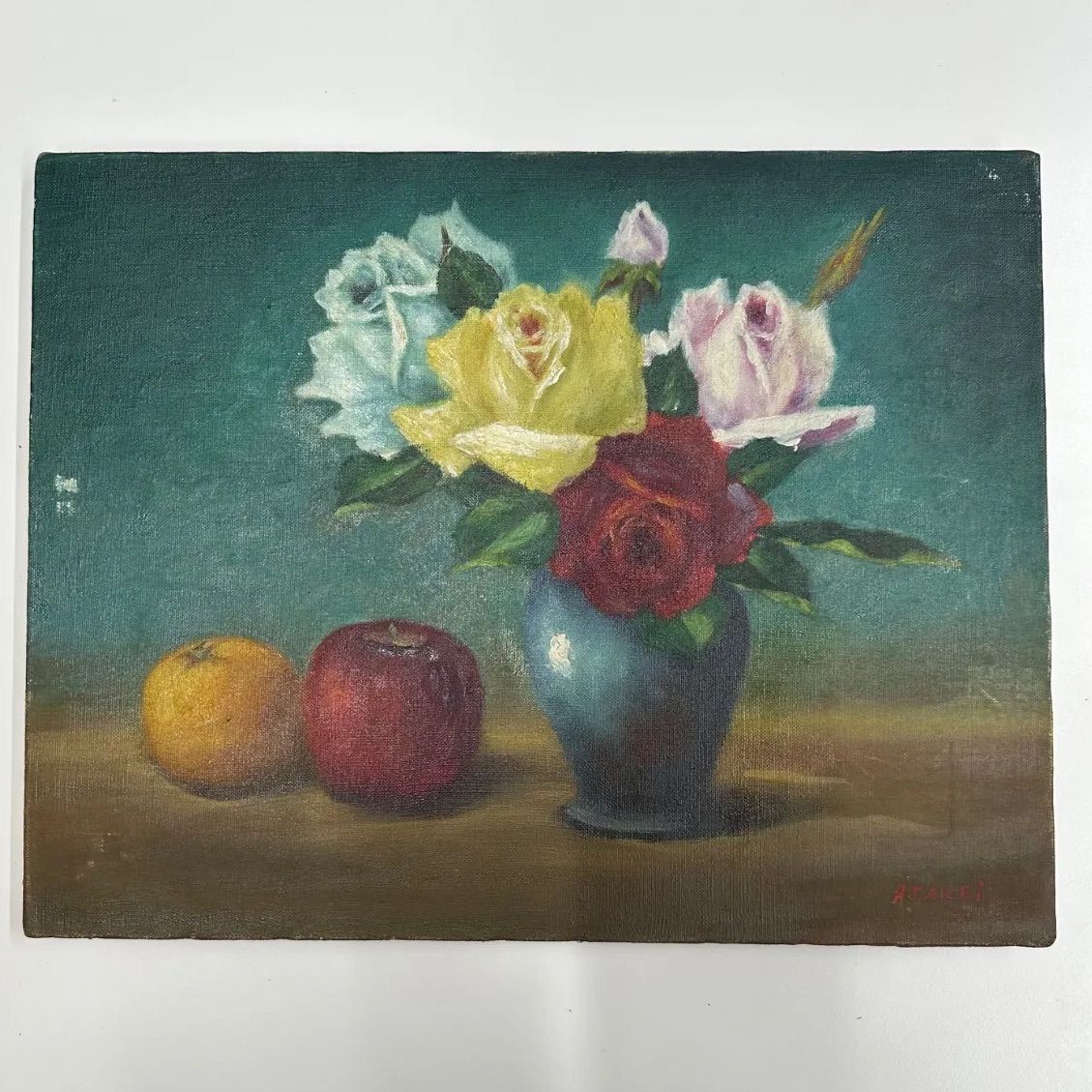 【昭和レトロ/1970年代物】mita 木製 額縁入 油絵 薔薇 花瓶 昭和レトロ/1970年代物】mita 木製 額縁入 油絵 薔薇 花瓶 昭和