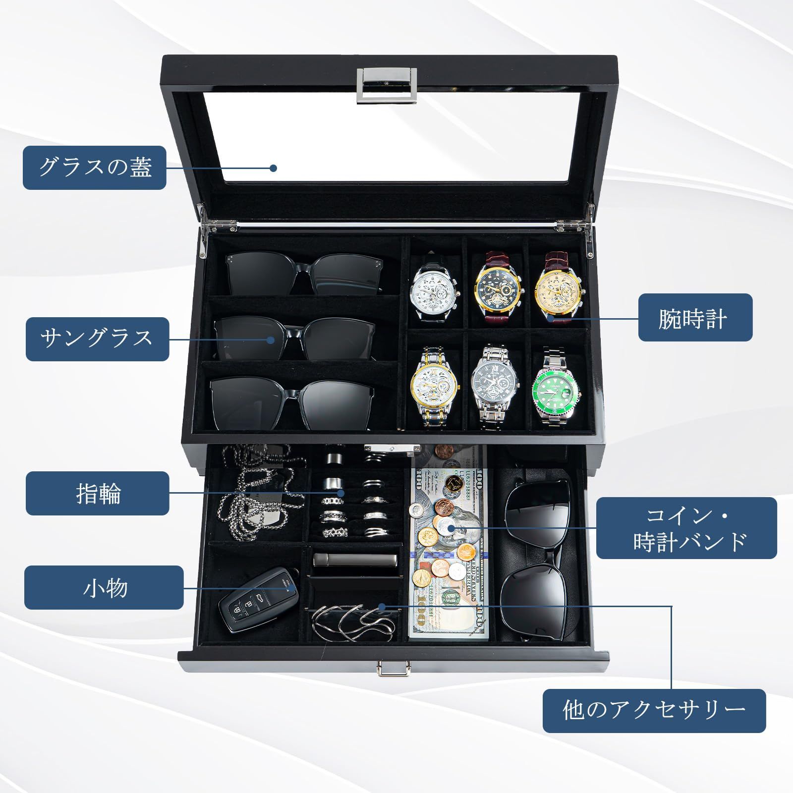 在庫 腕時計 メガネ 2段式 男性 6本用 ピアノ塗装 収納ボックス 腕時計ケース ガラス蓋 ディスプレイケース ProCase 小物整理 プレゼント ブラック NEXPOTALLINN_EU