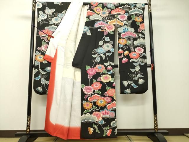 平和屋着物○豪華振袖 型染 草花松文 黒地 鬼しぼ縮緬 正絹 逸品 