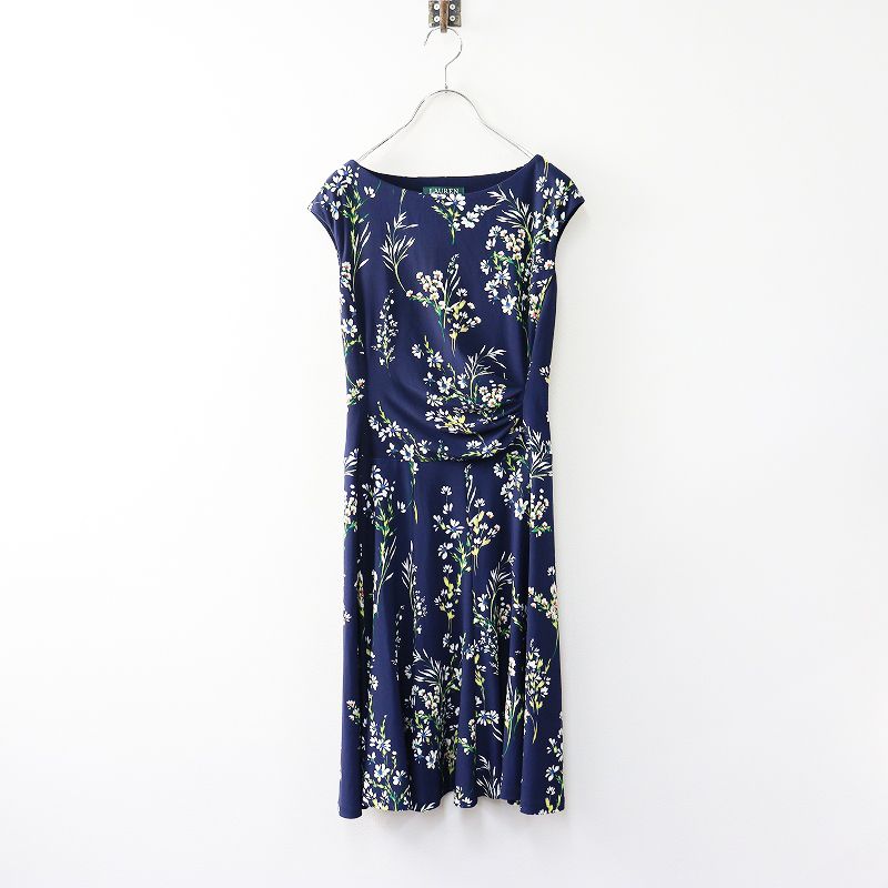 ローレンラルフローレン LAUREN RALPH LAUREN フラワープリントギャザーワンピース 00 ネイビー┃花柄ドレス 2400014608878