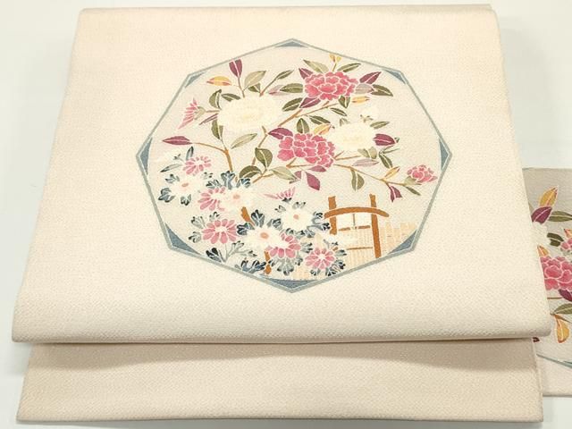 平和屋着物○九寸名古屋帯 友禅 作家物 枝花文 洗柿色 鬼しぼ