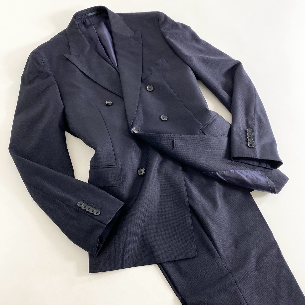 65L12《美品》HUGO BOSS ヒューゴボス VITALE BARBERIS CANONICO セットアップ ダブルブレスト スーツ 50  ダークネイビー フォーマル ビジネス