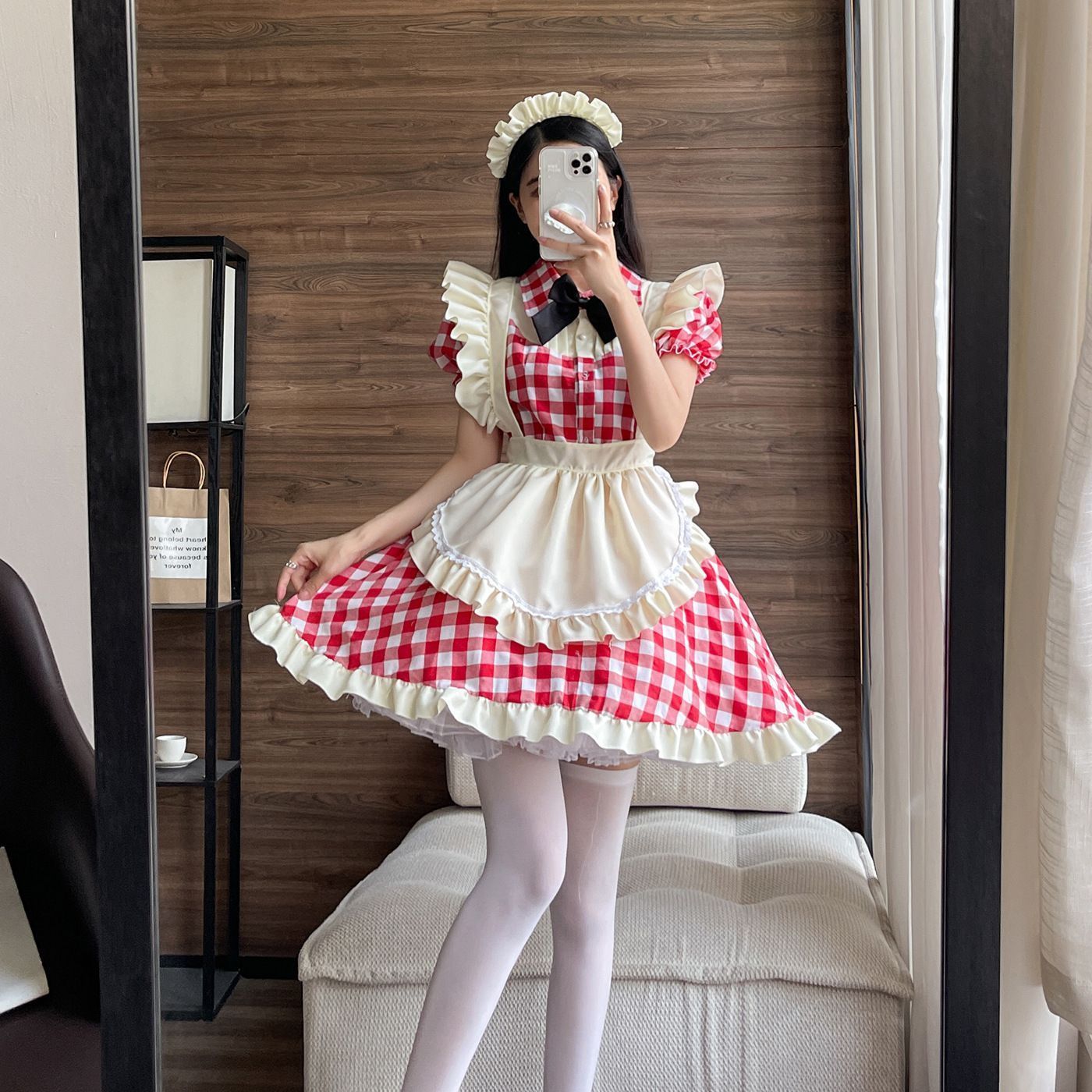 メイド服 チェック柄 喫茶店 レッド ブラック コスプレ