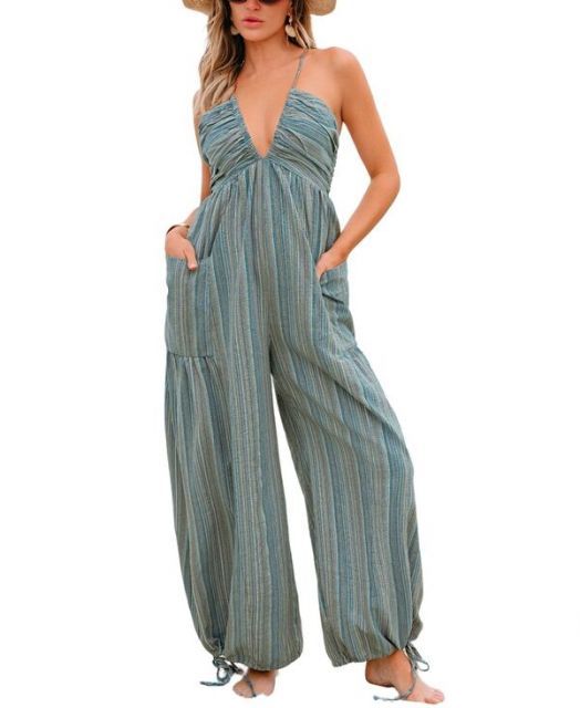 【送料無料】 カップシー レディース ジャンプスーツ トップス Women's Striped Plunge Loose Leg Jumpsuit Medium blue