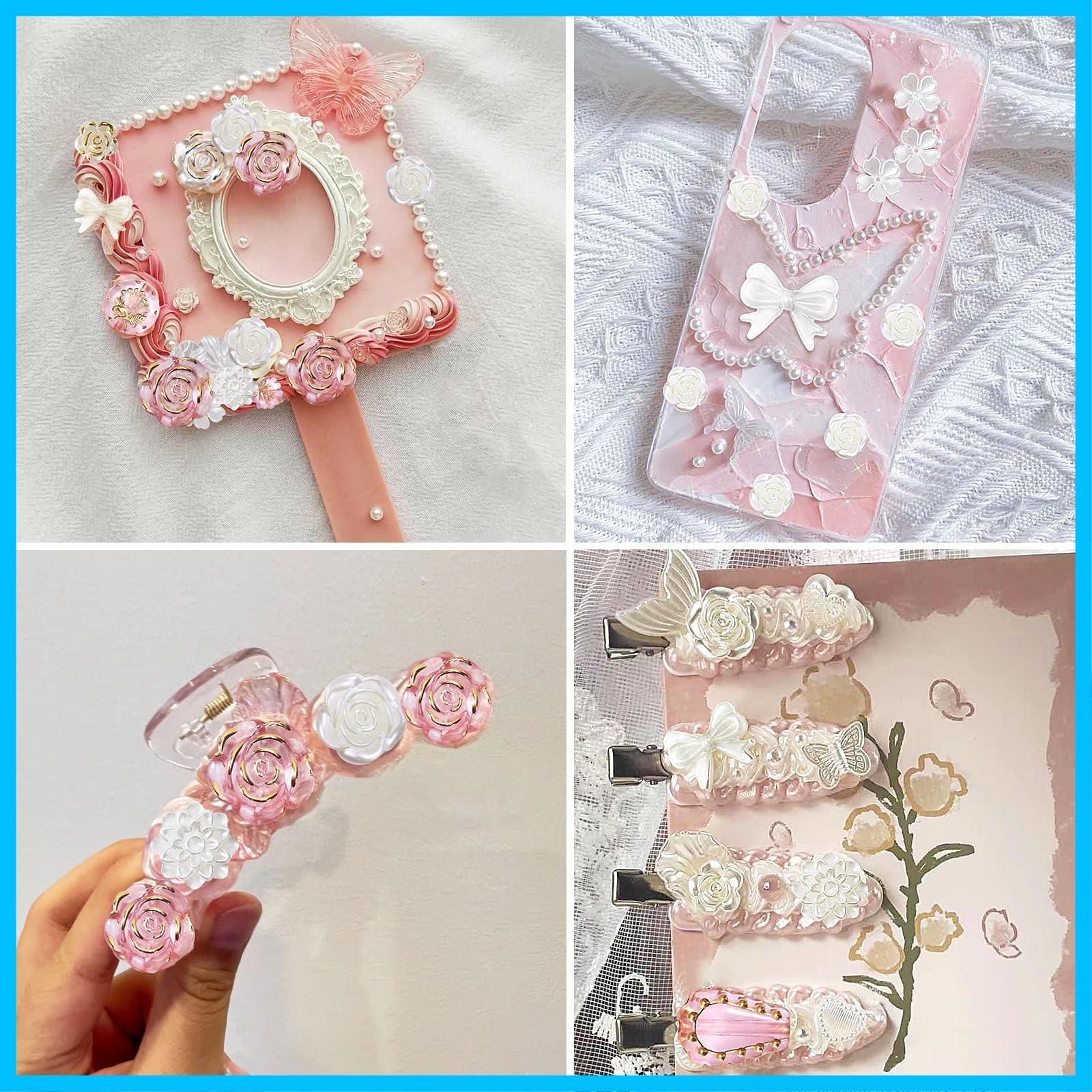 【在庫処分】ハンドメイド デコ素材 アクセサリーパーツ 薔薇 花びら 手芸 パール ビーズ 蝶 約400個入 氷 リボン ミックス ハート デコパーツ 星 JANLOFO (ローズゴールド)