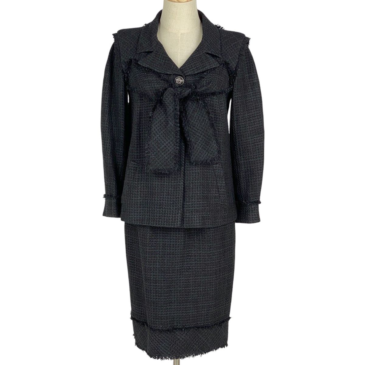 シャネル CHANEL ツイード セットアップ ココマーク フリンジ 09P セットアップ スカートスーツ シルク リネン コットン ブラック レディース