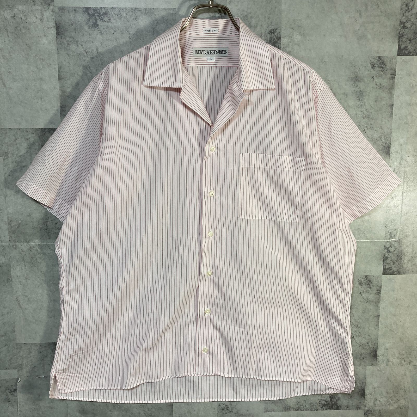 INDIVIDUALIZED SHIRTS インディヴィジュアライズド シャツ 半袖 開襟シャツ コットン ストライプ レッド L