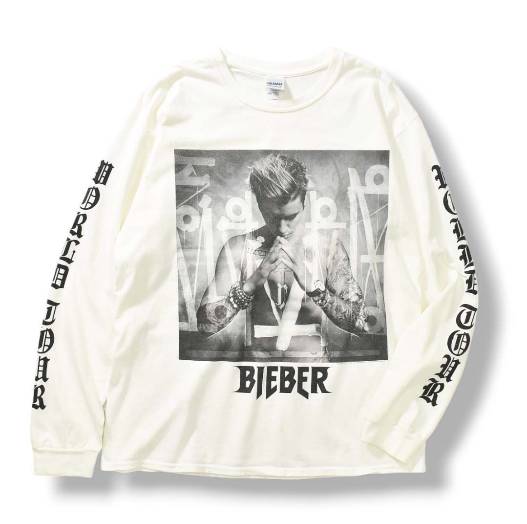 希少】 ジャスティンビーバー Justin Bieber Purpose World Tour 2016 ビッグプリント 長袖 Tシャツ L ホワイト  - メルカリ