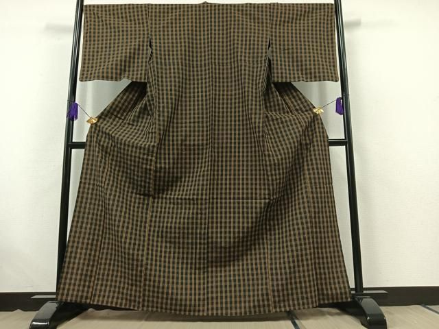 平和屋着物 上質な紬 単衣 格子 正絹 AABB7722jh