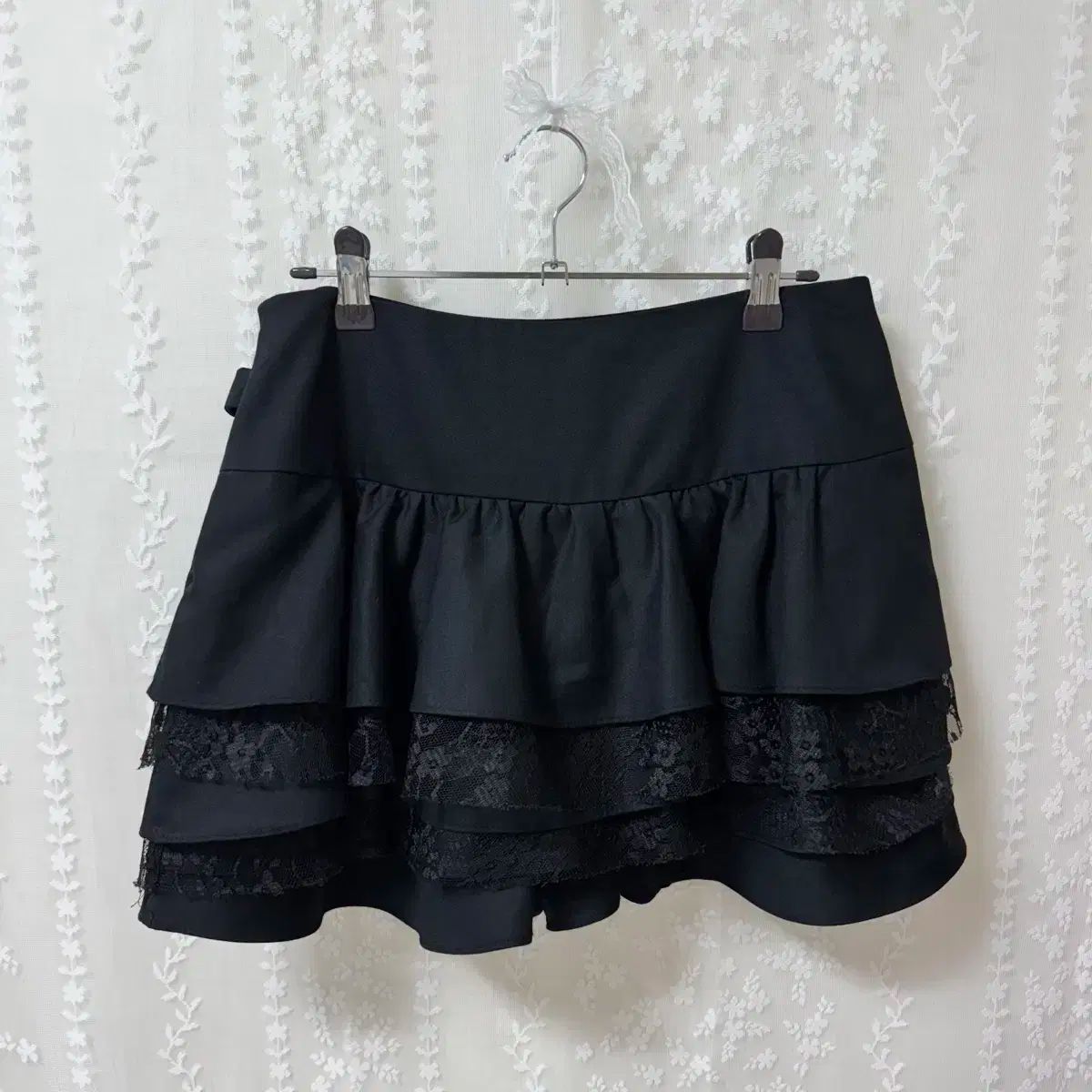 ティアード レース ヴィンテージ ミニ スカート 黒 ズボン a ライン フ