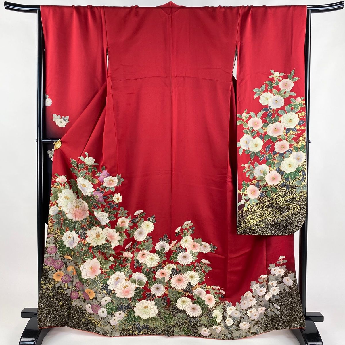 振袖 身丈167cm 裄丈66cm M 袷 牡丹 菊 金糸 金彩 赤 正絹 名品