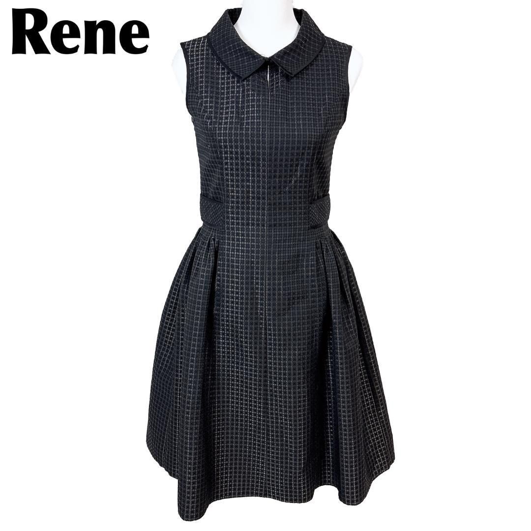 Rene ノースリーブドレスワンピース 襟付き 36 チェック ブラック
