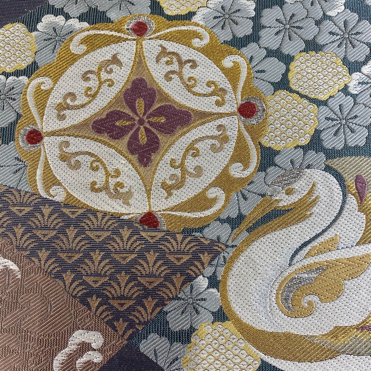 袋帯 美品 秀品 七宝華文 鳥 金銀糸 唐織 灰緑 六通 正絹 中古