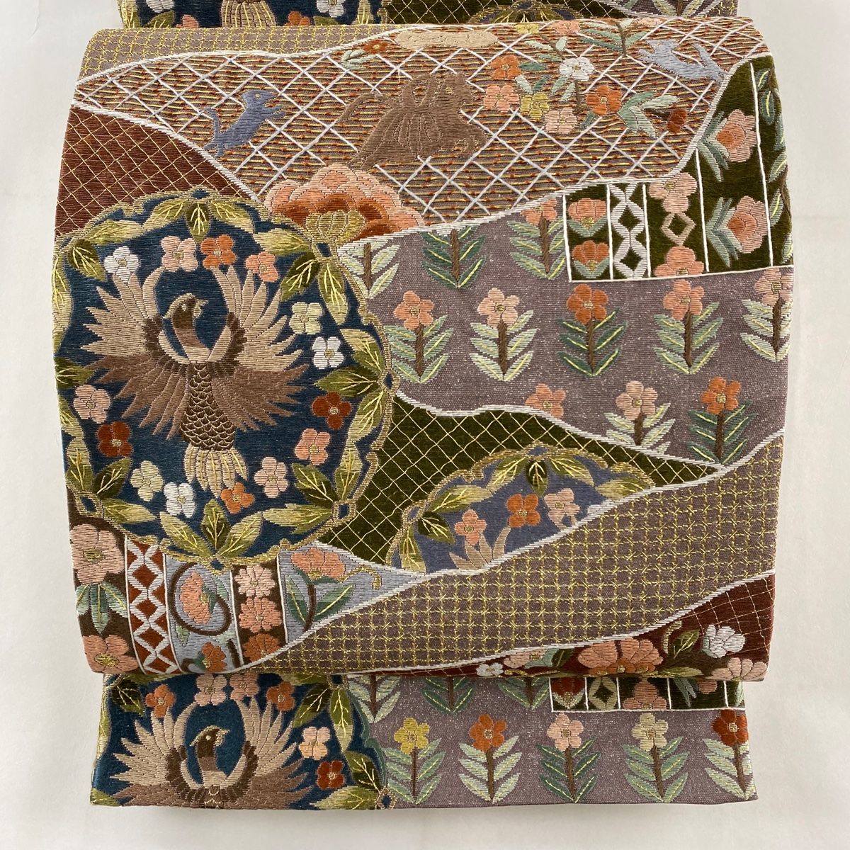 レディース 袋帯 逸品 草花 鳥 刺繍 金糸 赤茶 全通 正絹 【】