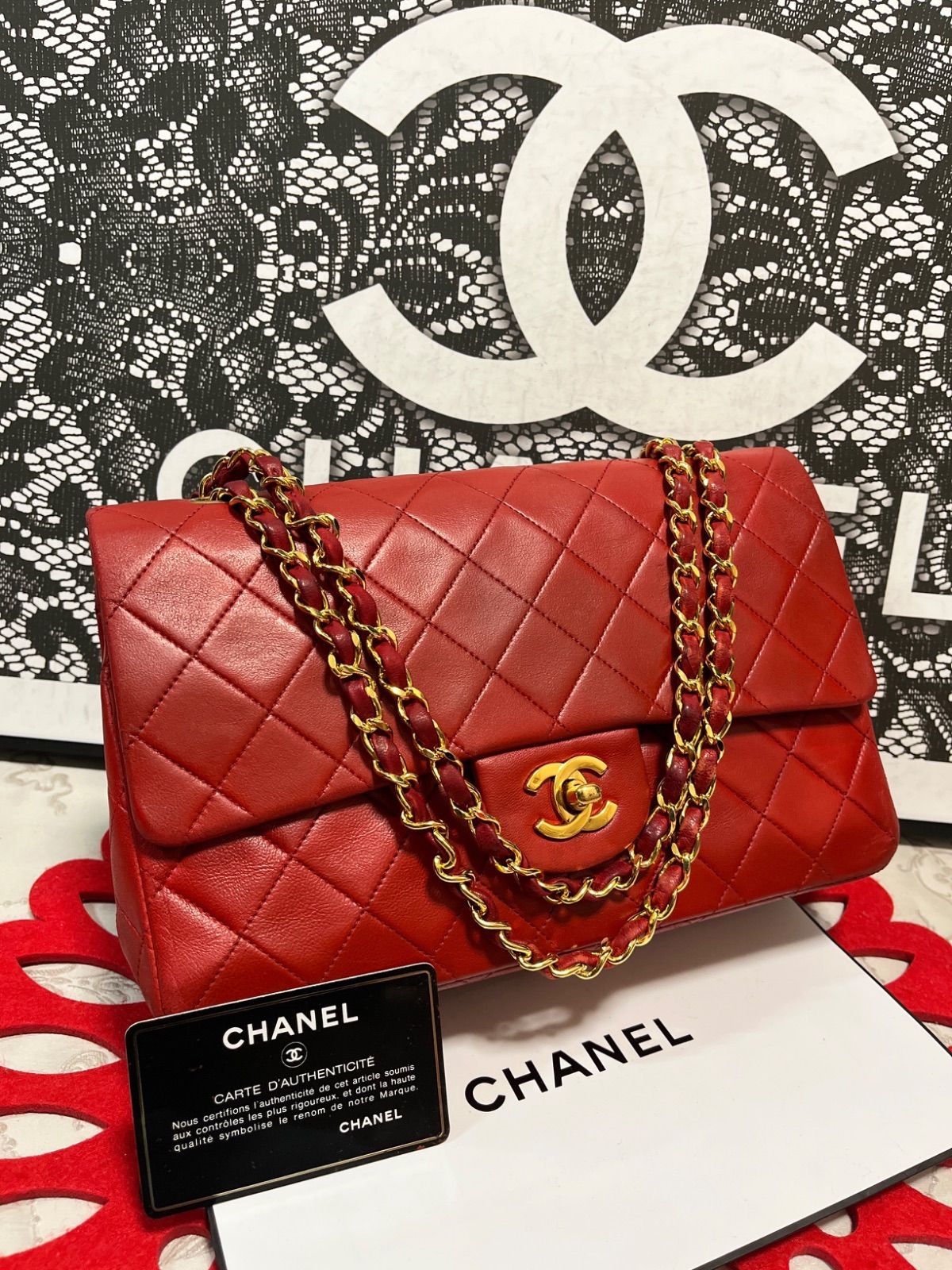 シャネル CHANEL マトラッセ ダブルフラップ ダブルチェーン 赤 097
